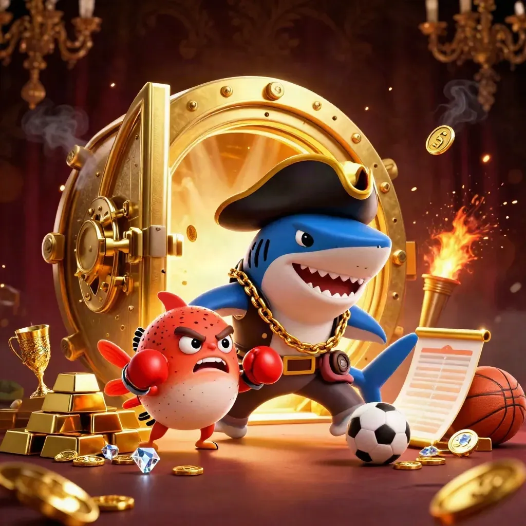 Pirate shark, boxing pufferfish, and coin-juggling octopus burst from a glowing gold vault.