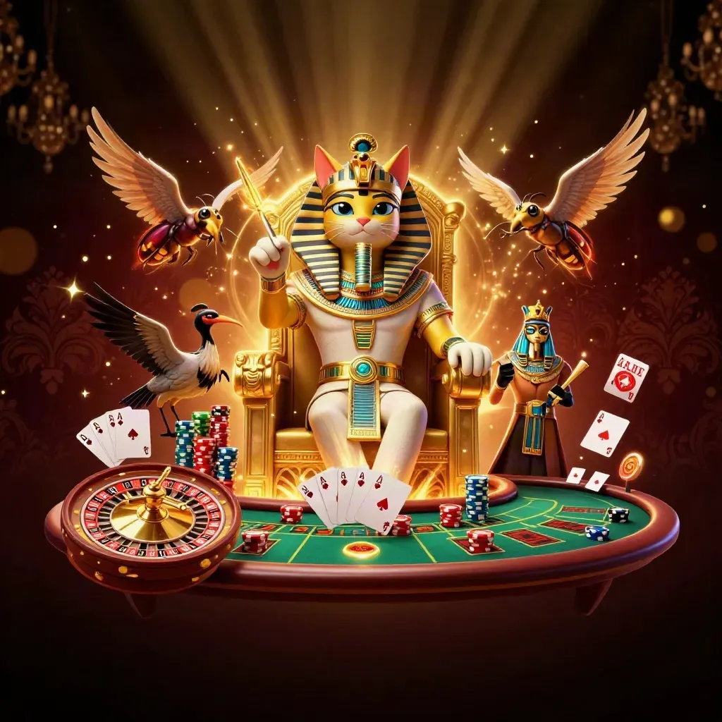 Pharaoh cat on throne with ibis scribe, scarabs, roulette wheel, cards, chips, and gold casino lights.