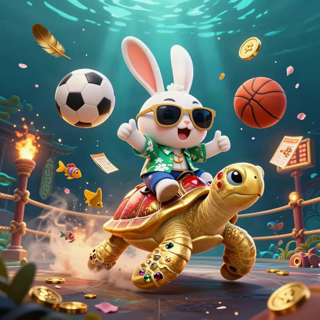 Lucky rabbit on a golden turtle amid sports balls, coins, fish, and glowing casino fantasy.