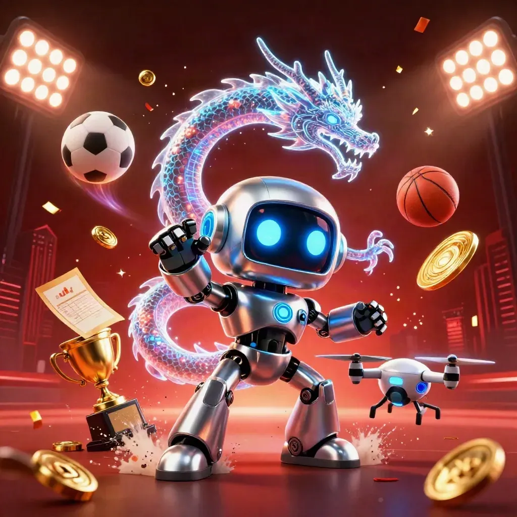 Chrome robot, holographic dragon and coin drone amid flying balls, gold coins and stadium lights.