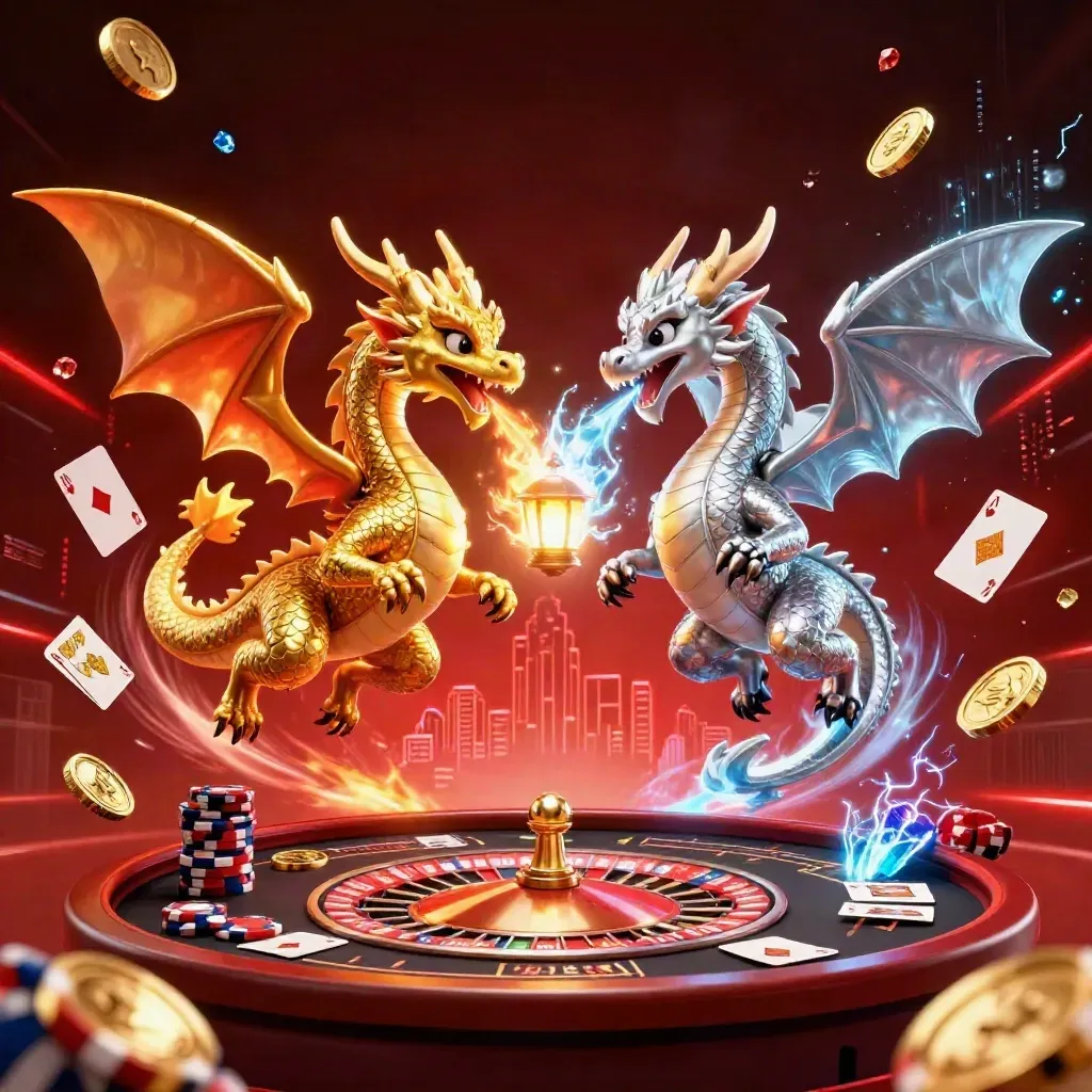 Two gold and silver dragons spiral amid roulette glow, coins, cards, and casino lights.