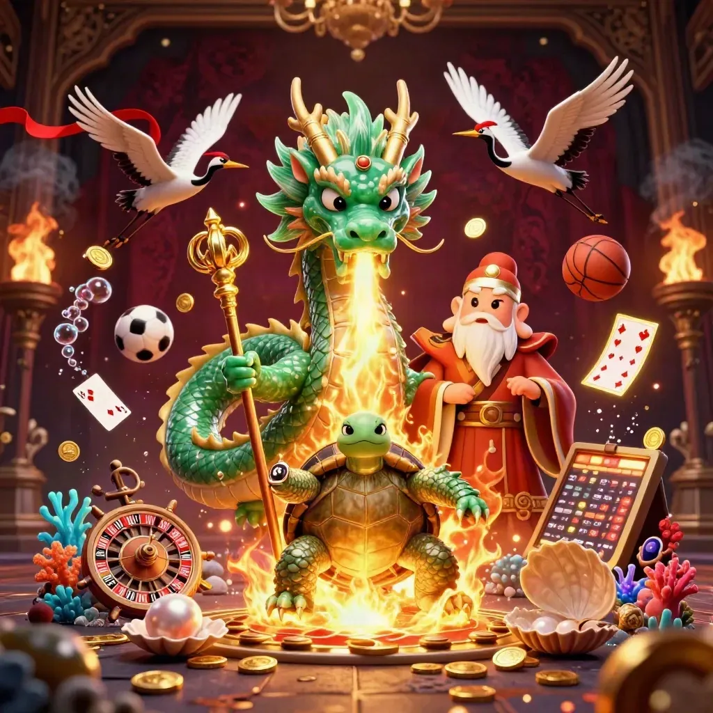 Jade dragon, turtle sage, and cranes amid casino treasure cove with sports balls and gold light
