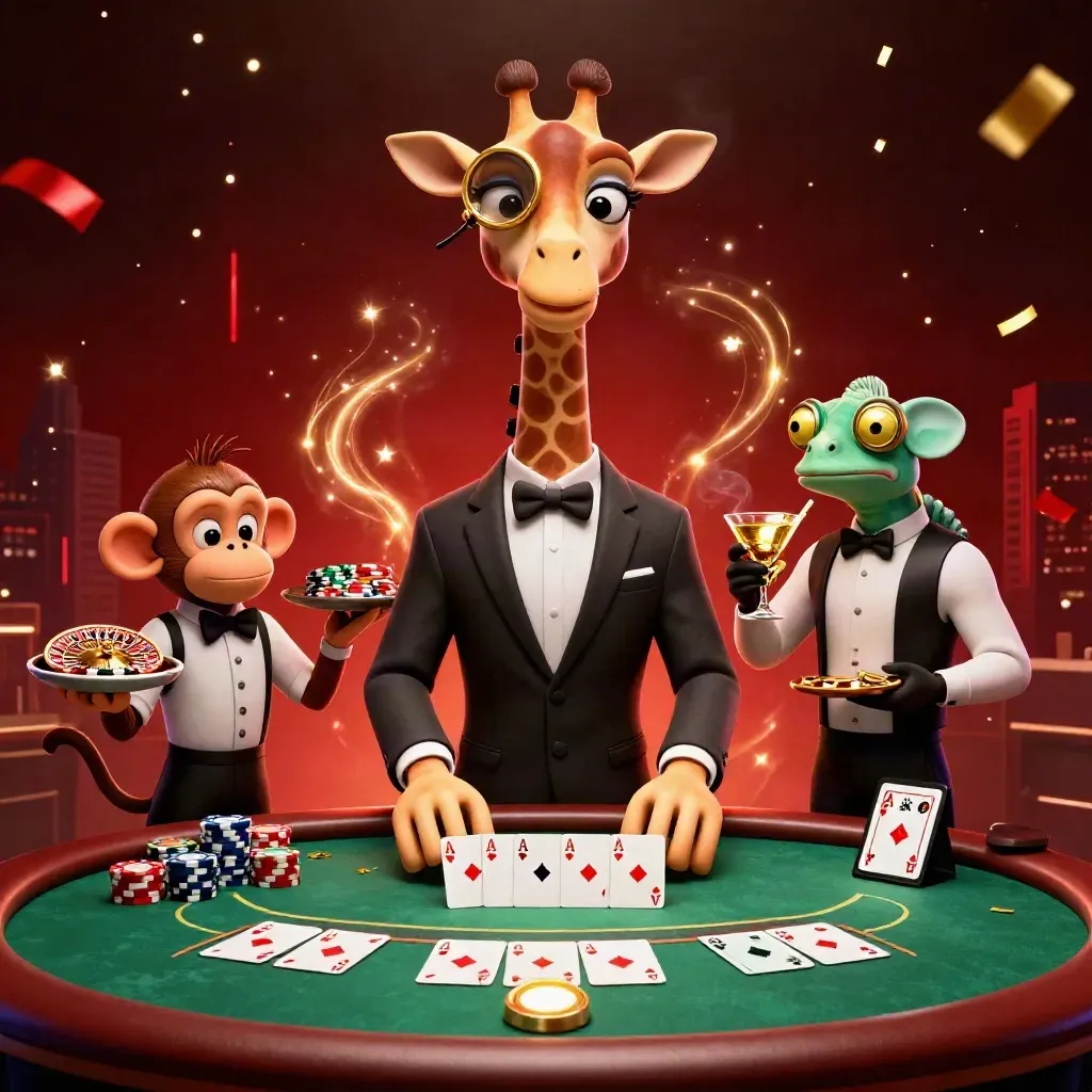 Giraffe host, monkey valet and chameleon bartender amid roulette glamour, chips, cards and fireworks.
