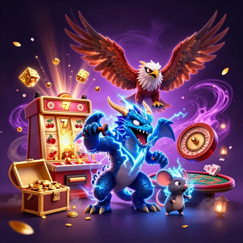 Thunder dragon, hawk, and mouse amid jackpot bursts, roulette spin, and glowing casino magic.
