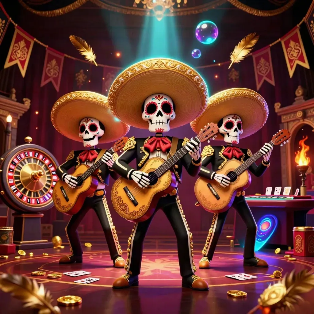 Day-of-the-Dead skeleton mariachi trio amid casino relics, roulette glow, and luxe chamber lighting