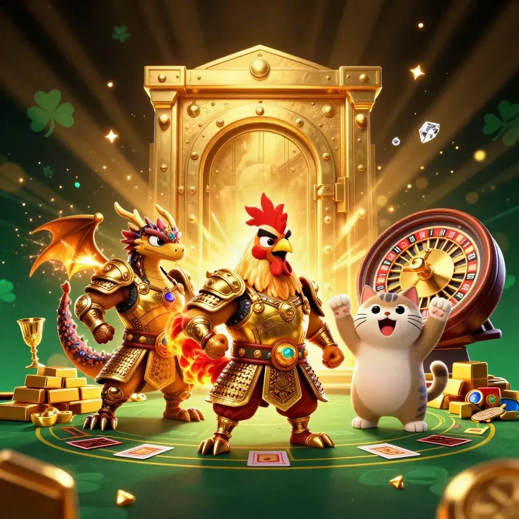Rooster warrior, dragon hatchling, and fortune-cat amid casino loot, roulette wheel, and vault glow.