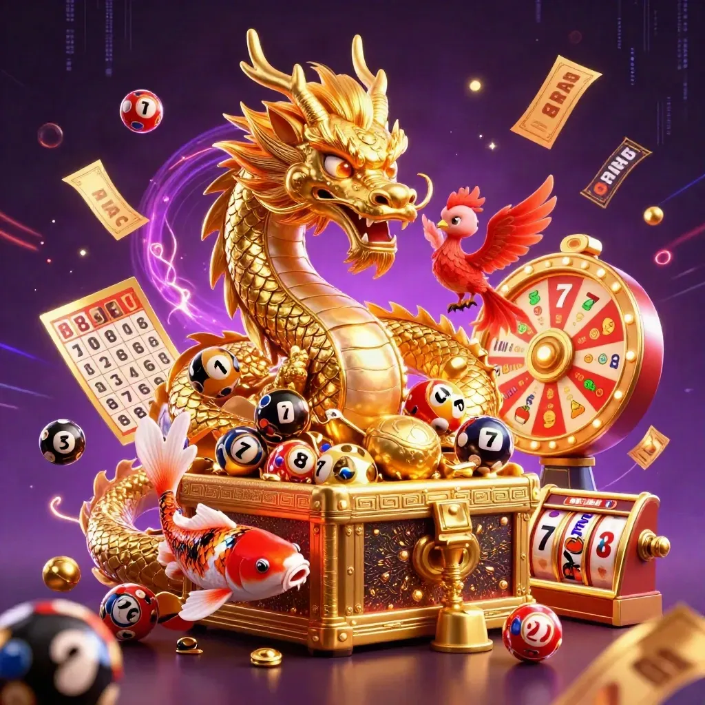 Golden dragon, phoenix, and koi bursting with casino treasures and neon energy