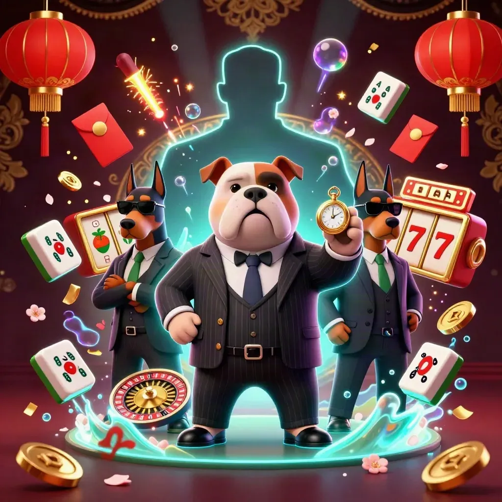 Bulldog mob boss and Doberman guards amid casino luck symbols and glowing confetti