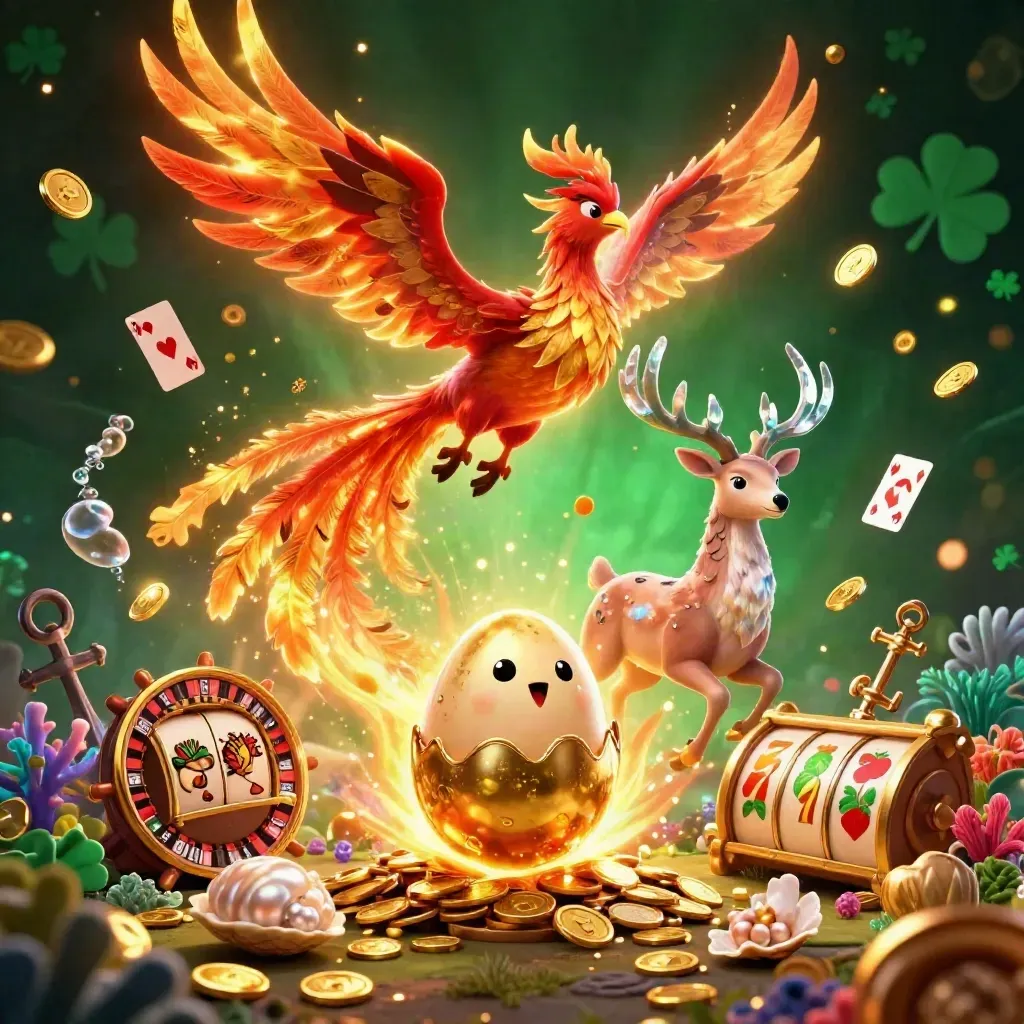 Phoenix, hatching baby phoenix, and crystalline stag amid treasure, coins, cards, coral, and glowing casino light.