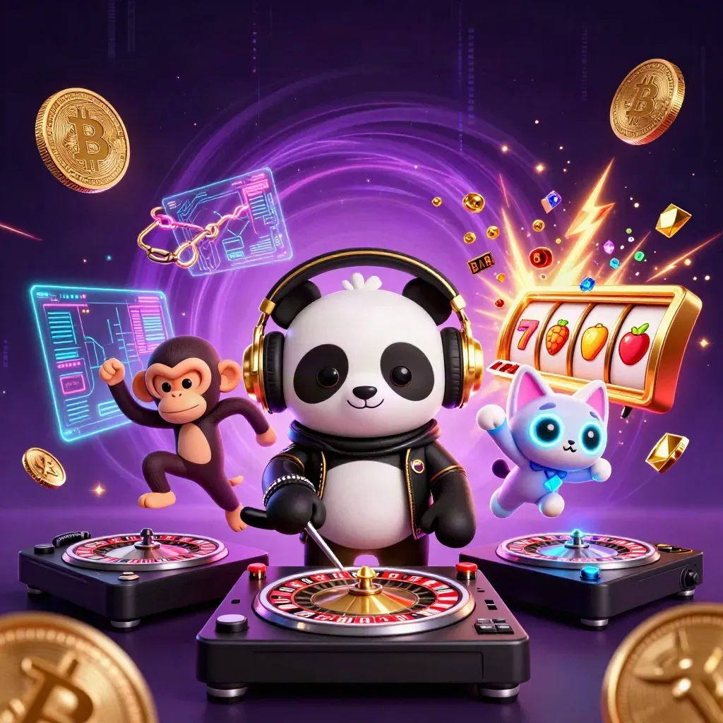 DJ panda, monkey, and kitten explode with casino neon, coins, reels, and lightning.