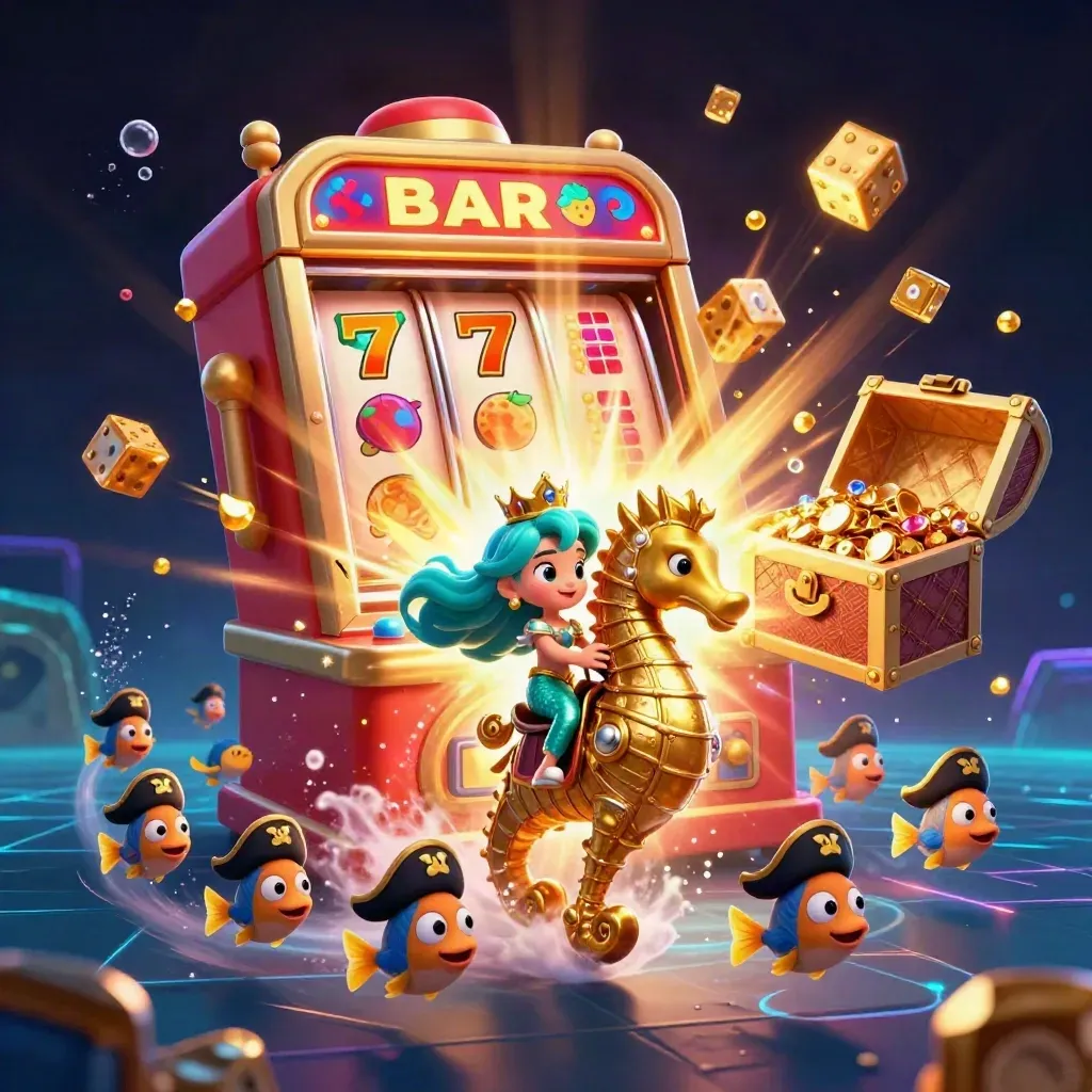 Mermaid princess on a golden seahorse amid slot burst, gold coins, fish pirates, and neon underwater glow.