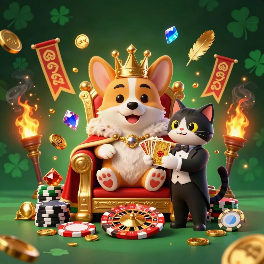Crowned corgi and cat butler on poker-chip throne amid coins, embers, temple gate, and torchlight