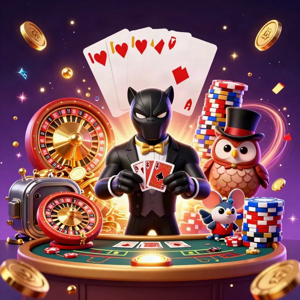 Panther, owl, and mouse amid coins, roulette, chips, fireworks, and magical casino glow.