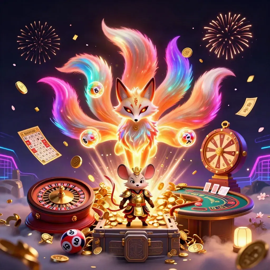 Fox spirit and golden mouse amid coins, fireworks, roulette, cards, and neon casino magic.