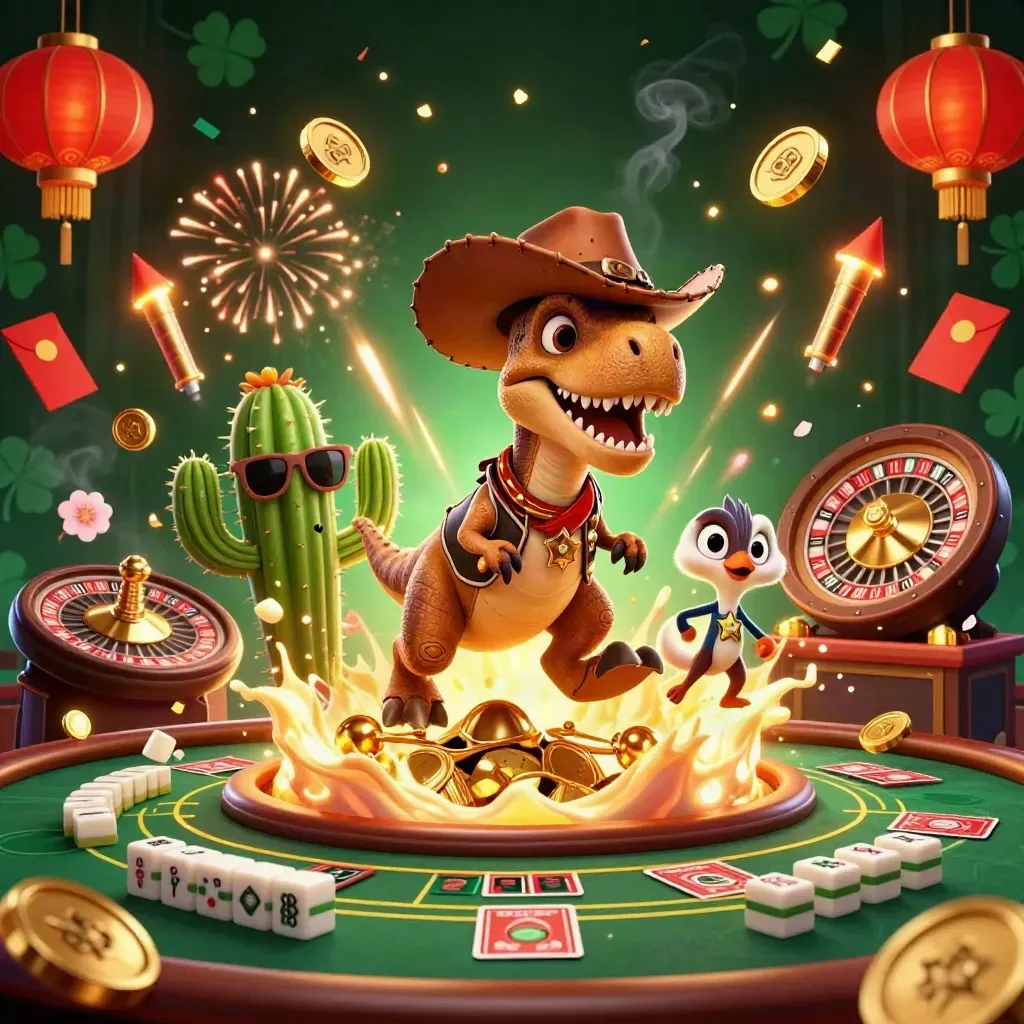 Cartoon cowboy T-Rex trio in a casino blast with coins, fireworks, roulette wheel, and lanterns.
