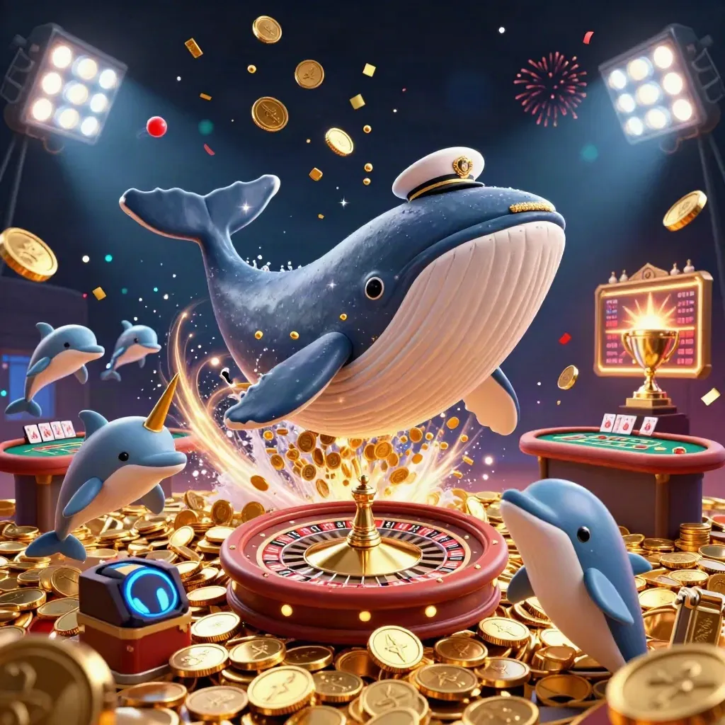 Whale captain breaching coins with narwhal, dolphins, roulette wheel, cards, trophy, and fireworks.