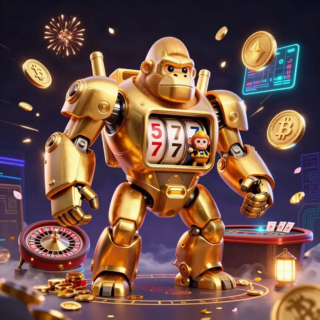 Golden gorilla mech with monkey pilot amid roulette, coins, crypto, and fireworks