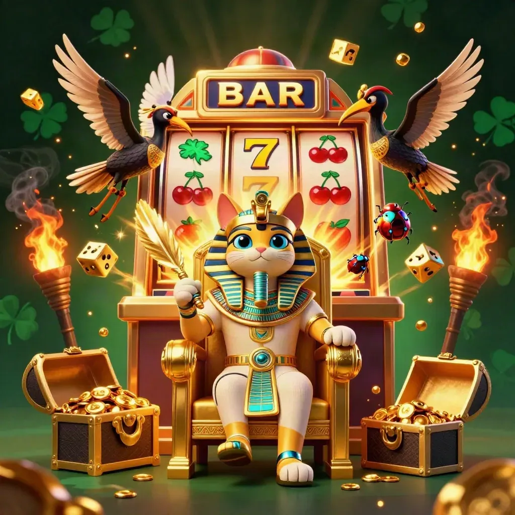 Pharaoh cat on a golden throne with ibis scribe and gem-wing scarabs amid a jackpot burst.
