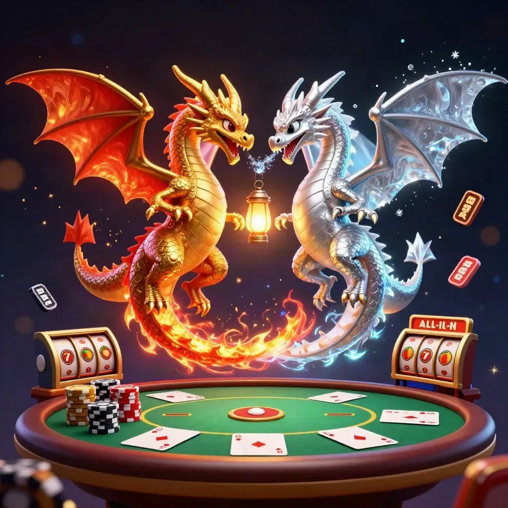 Gold and silver dragons spiral with casino chips, cards, reels, and glowing magic.