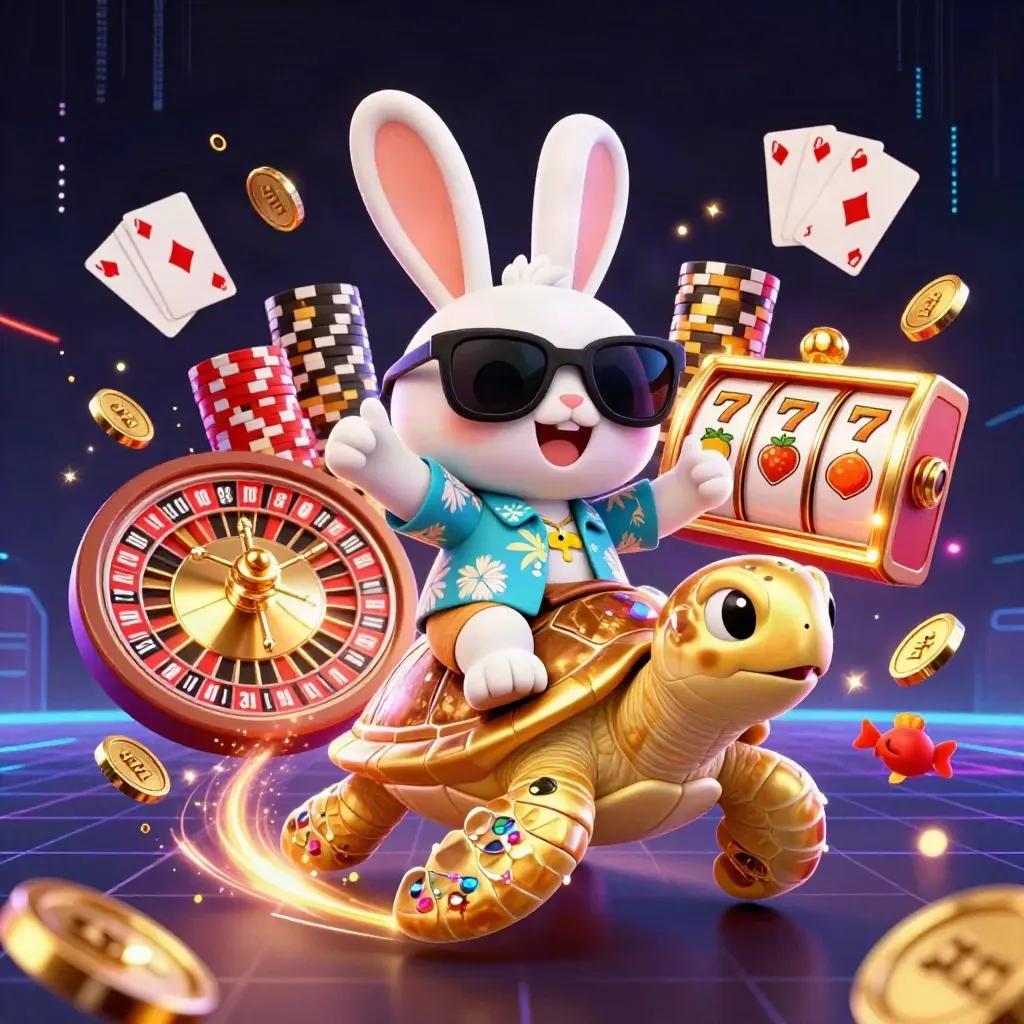 Cartoon rabbit in sunglasses rides a golden turtle amid coins, roulette wheel, chips and cards.