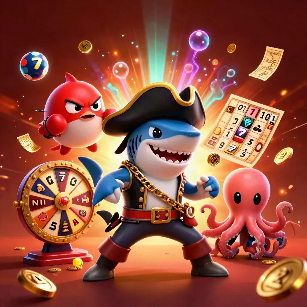 Pirate shark, boxing pufferfish, and coin-juggling octopus amid casino reels and glowing prize bursts