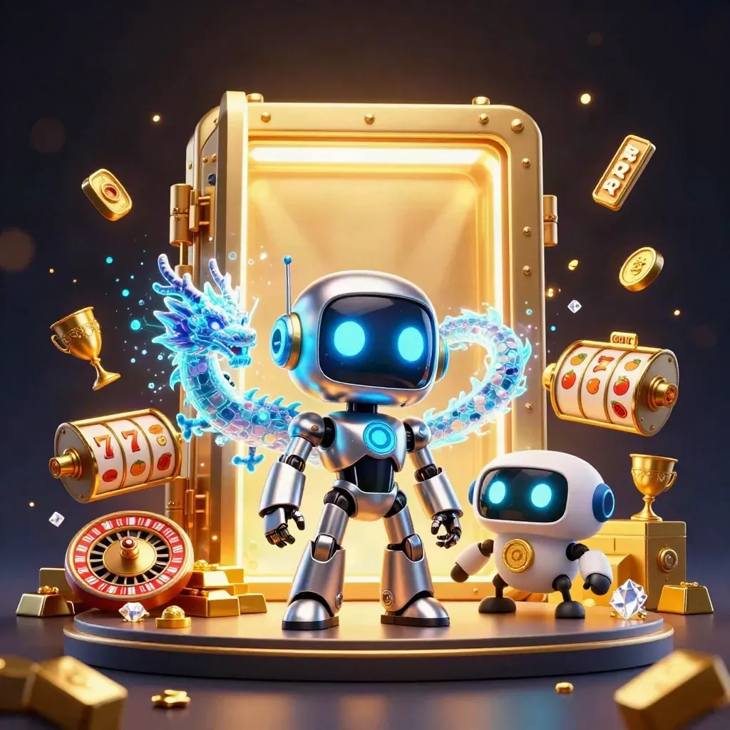 Chrome robot, holographic dragon, and coin drone burst from a gold vault amid casino loot.