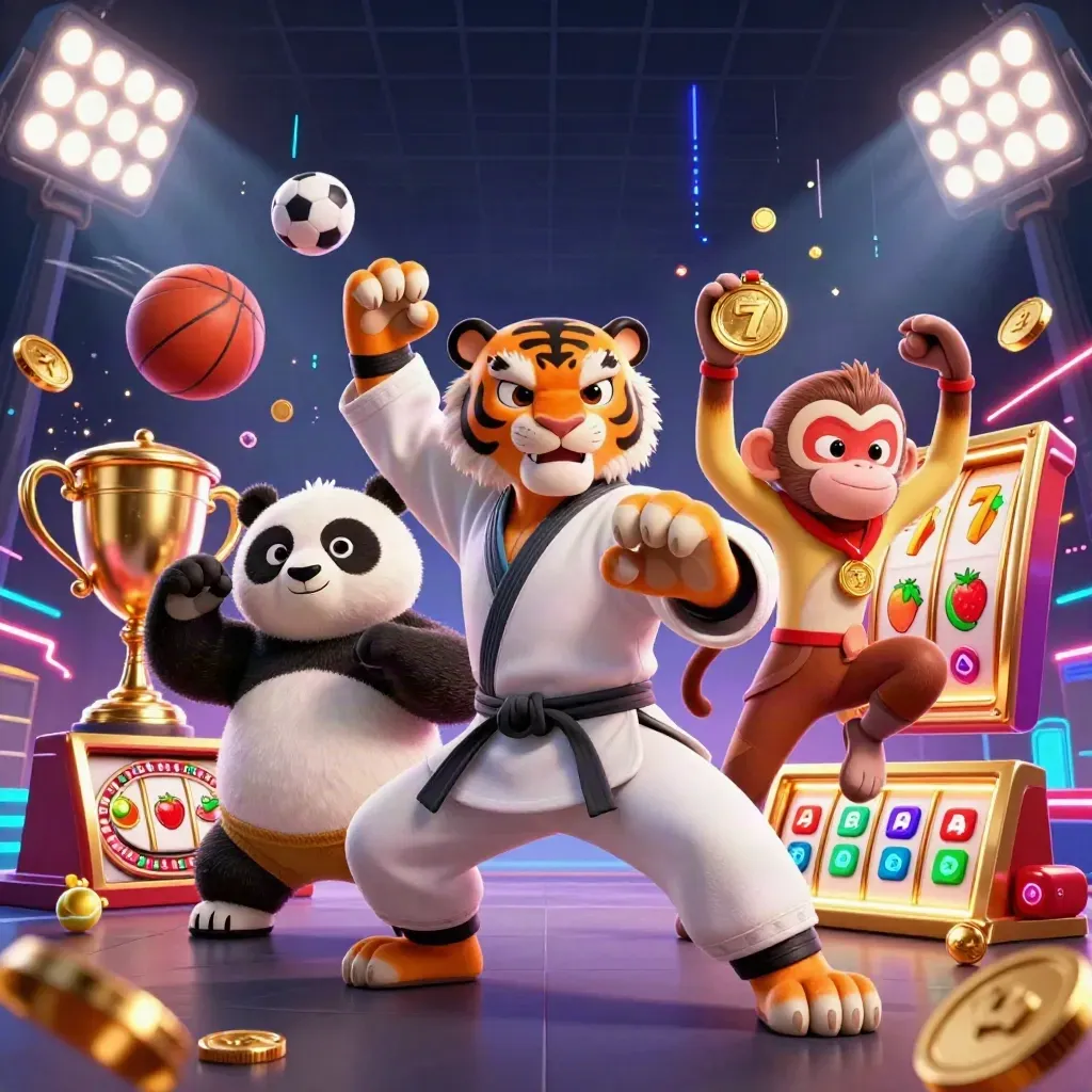Kung-fu tiger, panda, and monkey hero art with casino coins, reels, and neon energy